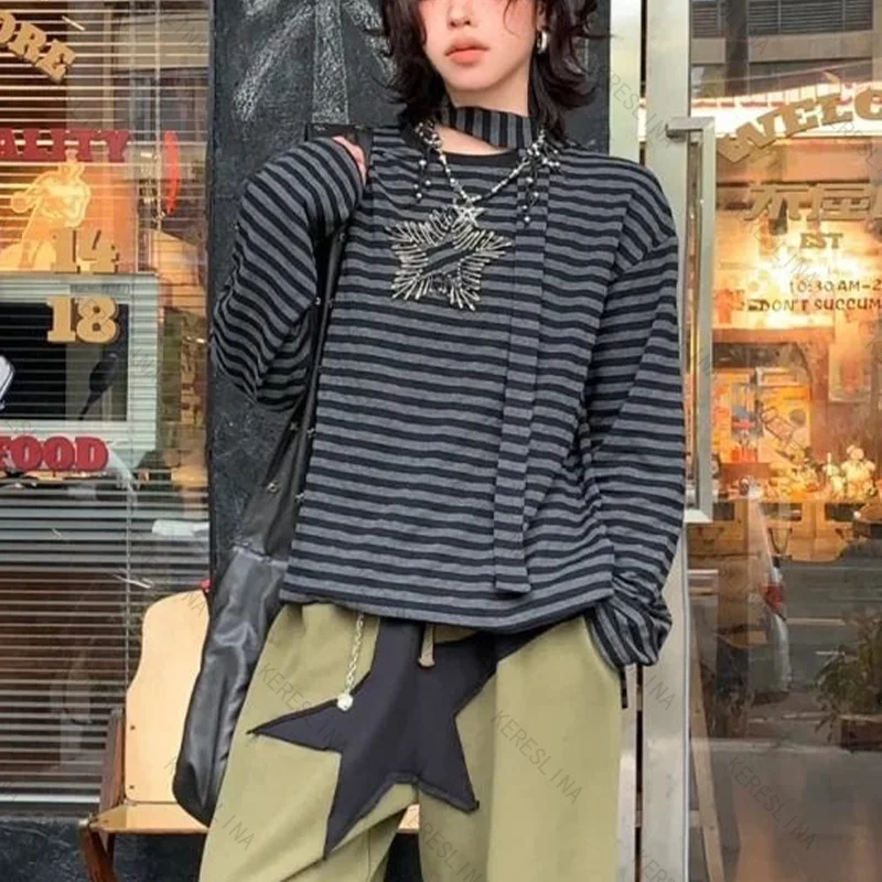 เสื้อแขนยาวลายทางสไตล์ฮาราจูกุ โกธิค วินเทจ สำหรับฤดูใบไม้ผลิและฤดูใบไม้ร่วง สวมใส่สบาย ใช้งานได้หลากหลาย เหมาะสำหรับผู้หญิง