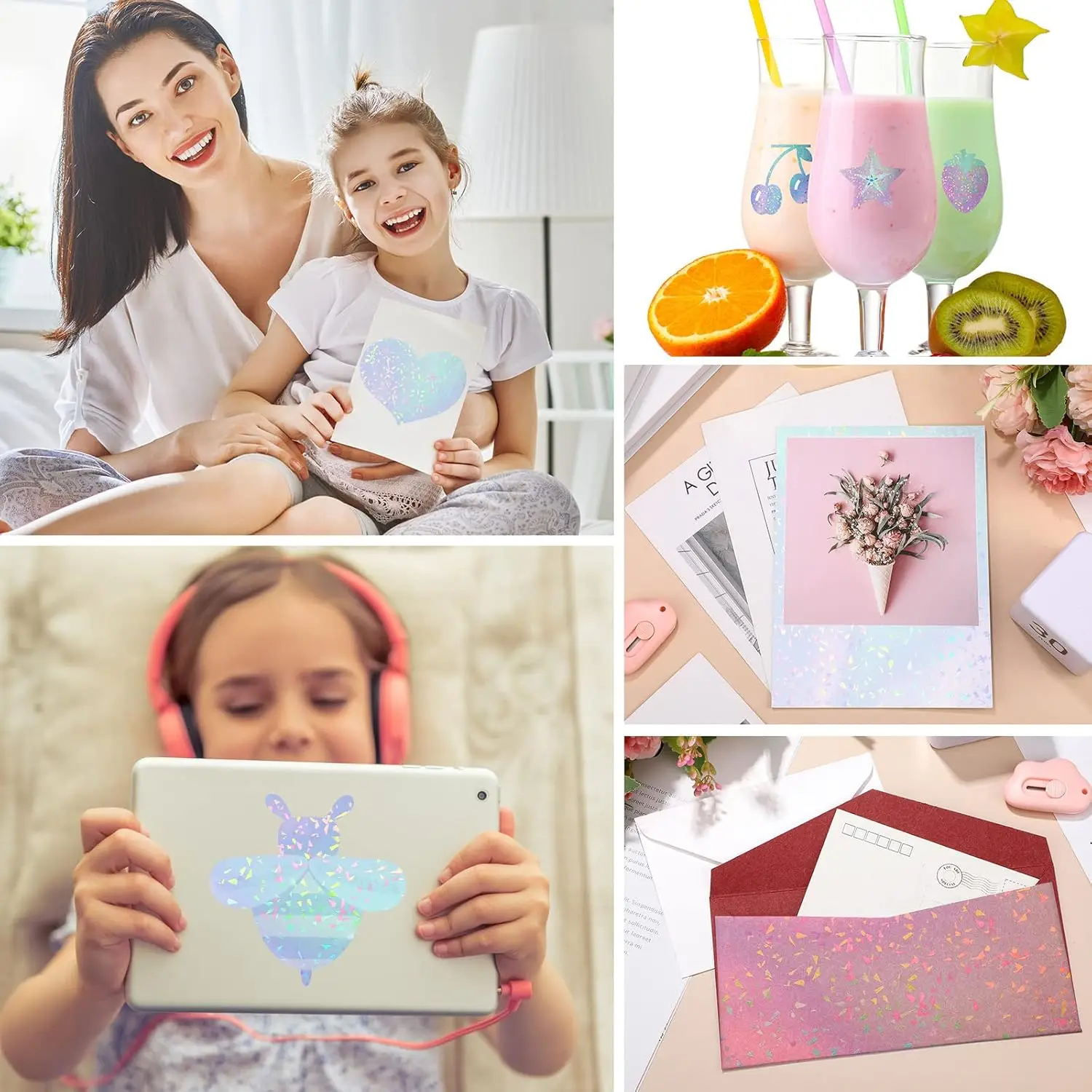 2.9 x 4.1 In 50 Sheets - Diamond Holographic Sticker Paper Glitter Clear Overlay Cold Laminating Film Self Adhesive Vinyl Sheets