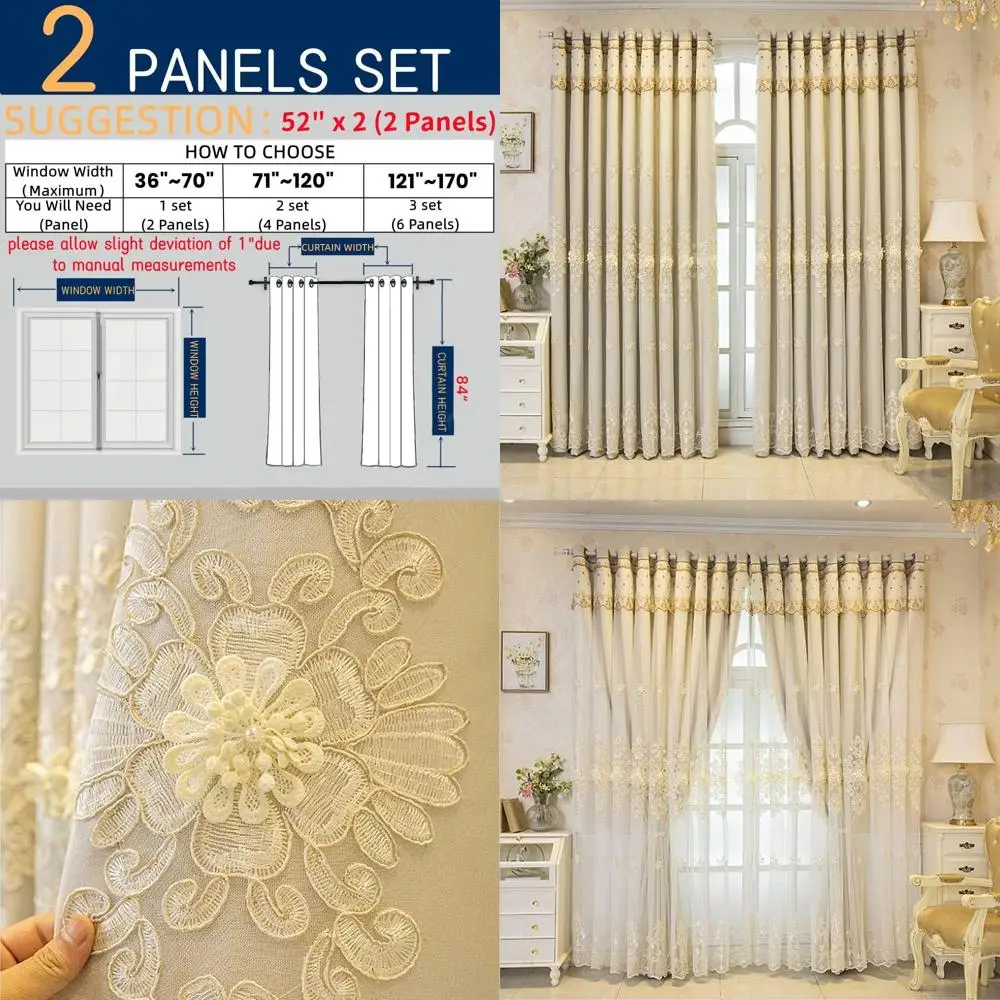

Luxury Beige Double Layer Embroidered Curtains, 52x84 Inches for Living Room & Bedroom