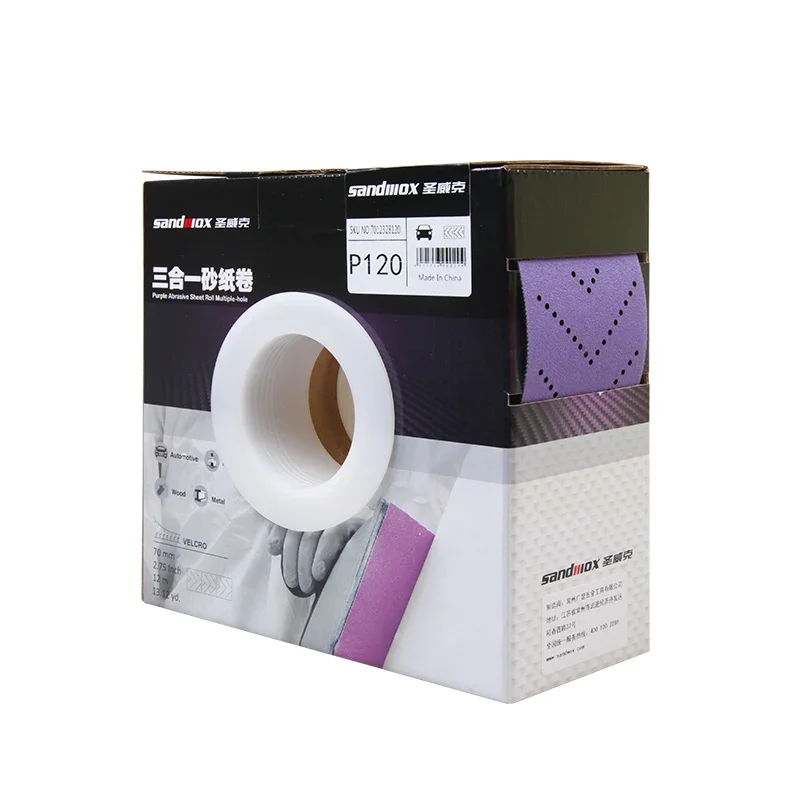 長方形の手で引き裂かれたサンドペーパーロール、エメリークロス、ハンドサンディングボード、ハンドプレーニング、スリーインワンドライサンディング、パープル、70mm、12m