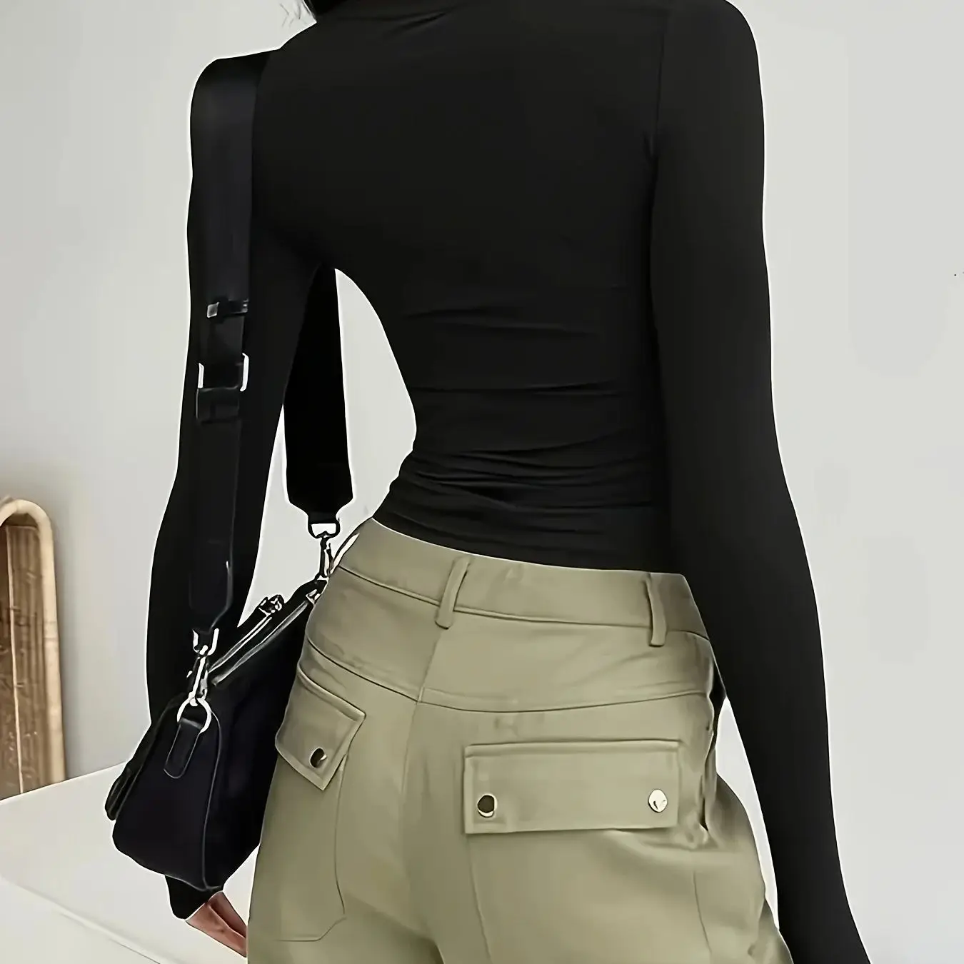 Damen-T-Shirt für Pendlerinnen, lässig, schlicht und modisch, einfarbig, mit langen Ärmeln – Detail 2