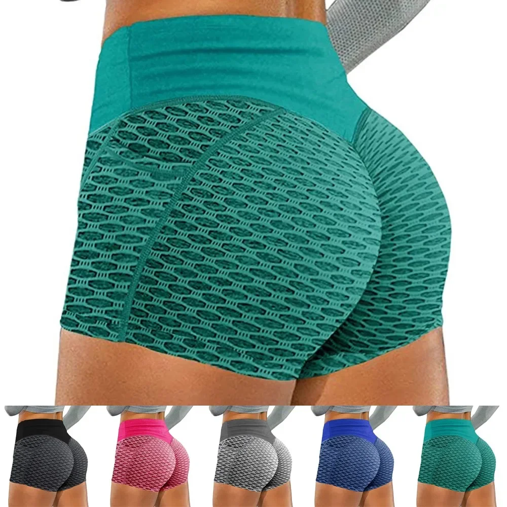 High Waist Ruched Yoga Shorts for Women Sports Hot Pants with Pockets Push Up Gym Workout Shorts in Grey Black Blue Red Green