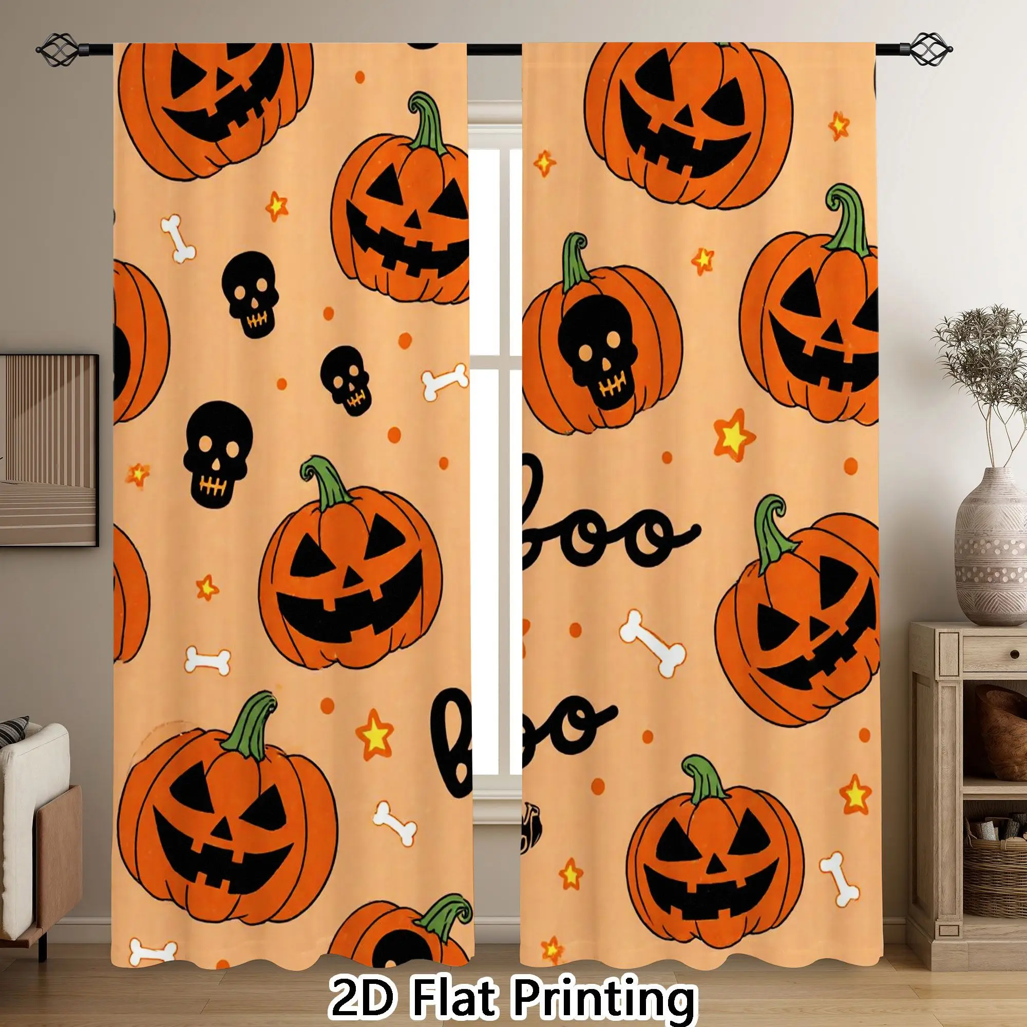 Spooky Halloween Pumpkin Curtain Window Drapes Fall Decoration Skulls Bones Jack Lantern Autumn Party Seasonal Home Decor