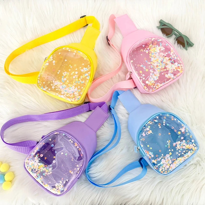 

New Flowing Sand Kids Chest Bags Fashion PU Leather Boy Girl Lightweight Shoulder Bags Outdoor Travel Children Crossbody Bags