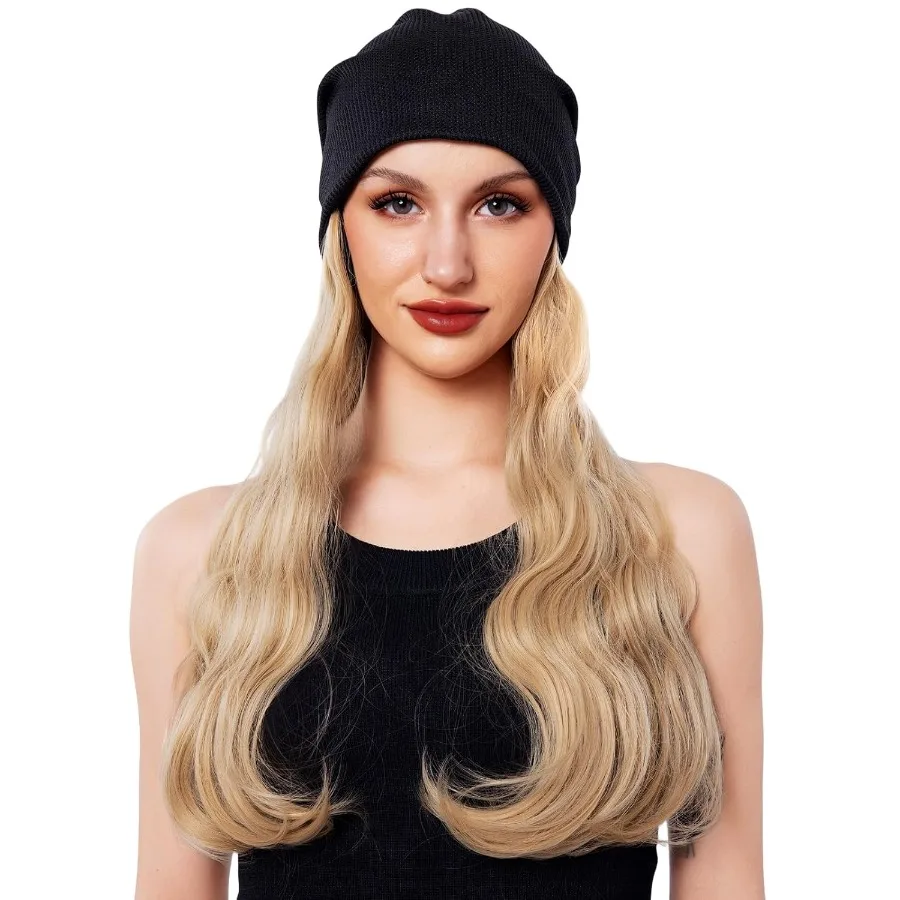 طويل مجعد الشعر الاصطناعية قبعة شعر مستعار محبوك قبعة مع الشعر المرفقة للنساء الأبيض شقراء تأثيري قبعة متموجة قبعة مثالية ل C