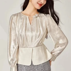 French Hepburn style fashionable simple solid color splicing slit long sleeved shirt  women's autumn new style temperament top