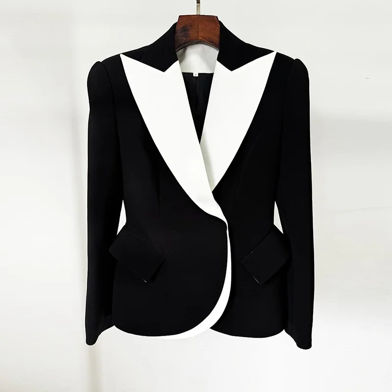 odoodem womens fashion color block patchwork lapel bodycon blazer jacket with pockets