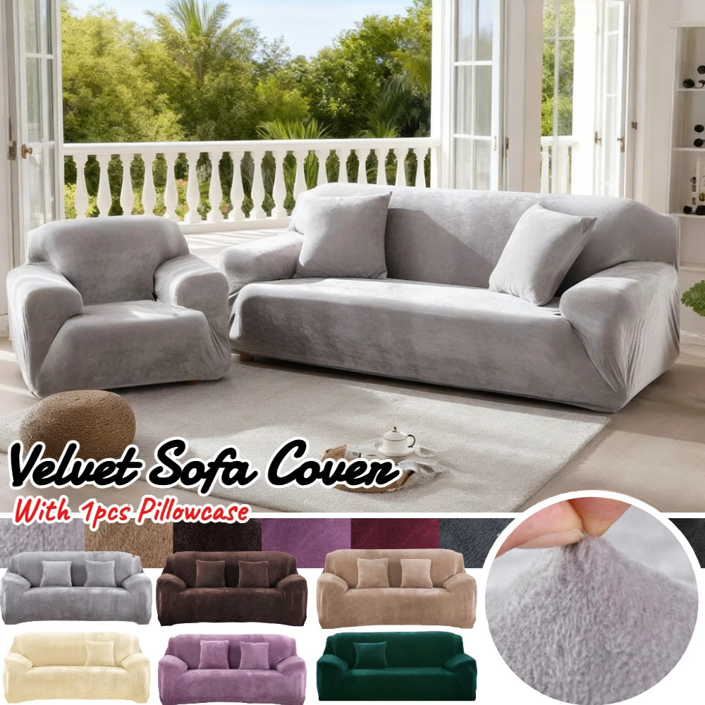 Housses de canapé en velours épais 1 2 3 4 places housse de canapé extensible antidérapante protection de meubles housses de canapé en peluche avec 1 taie d'oreiller