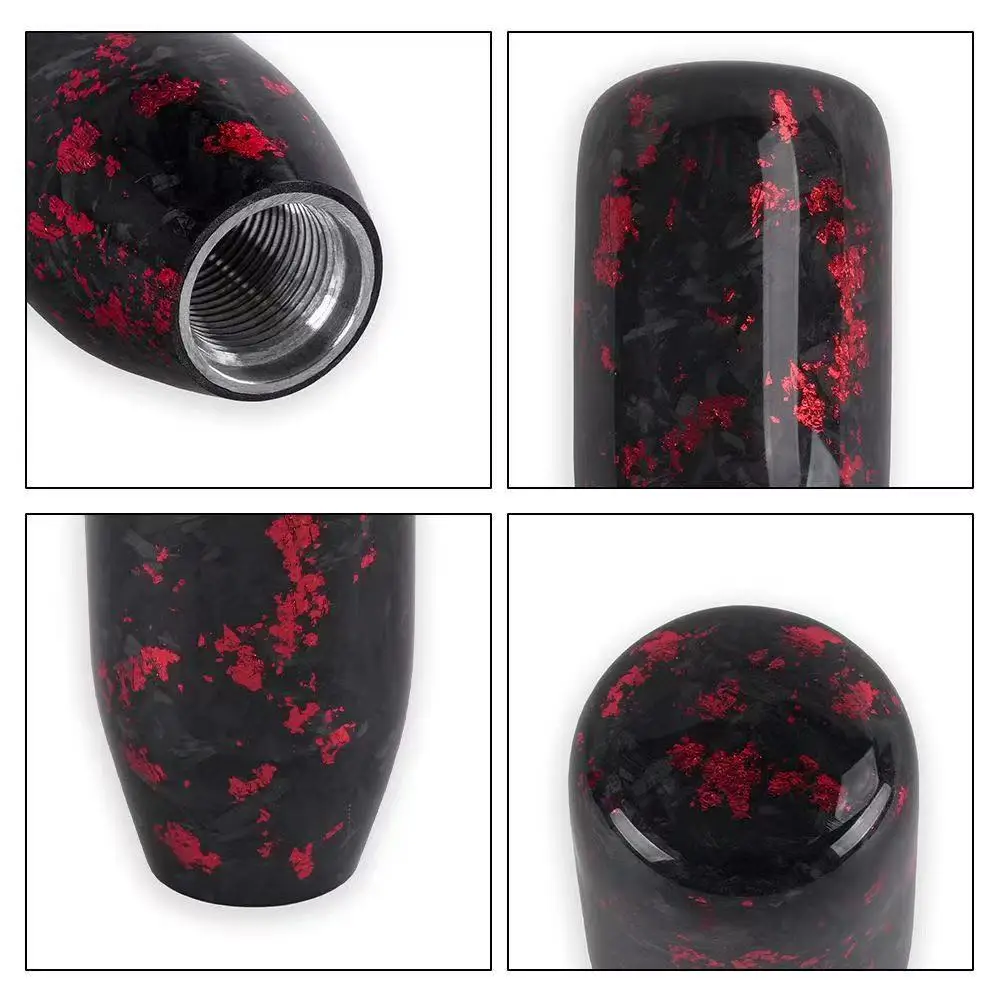 Universal Forged Carbon Fiber Manual Car Gear Shift Knob Lever Shifter Accessories Set with 3 Adapters (Black + Red)