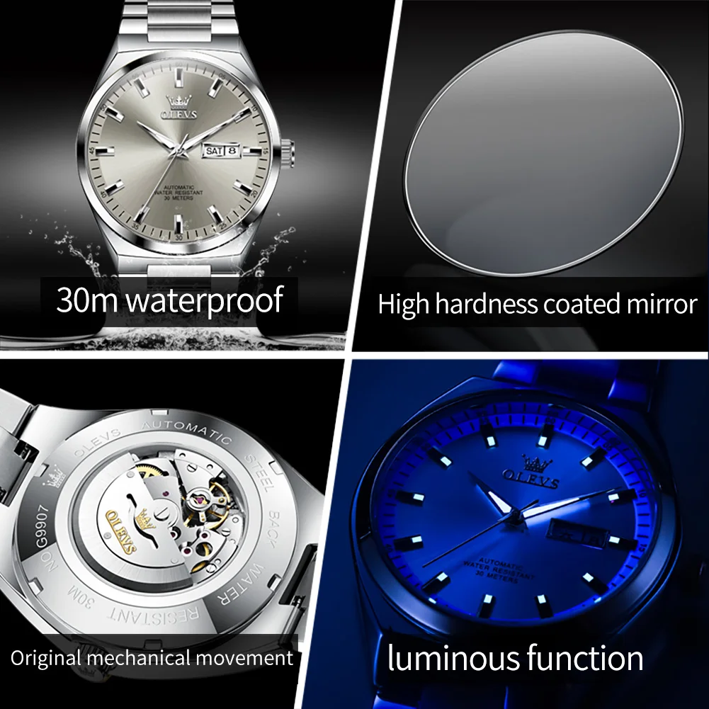 OLEVS 9907 Original Brand Watch for Men Auto Date Week Waterproof Luminous High Quality Stainless steel Man Wristwatches