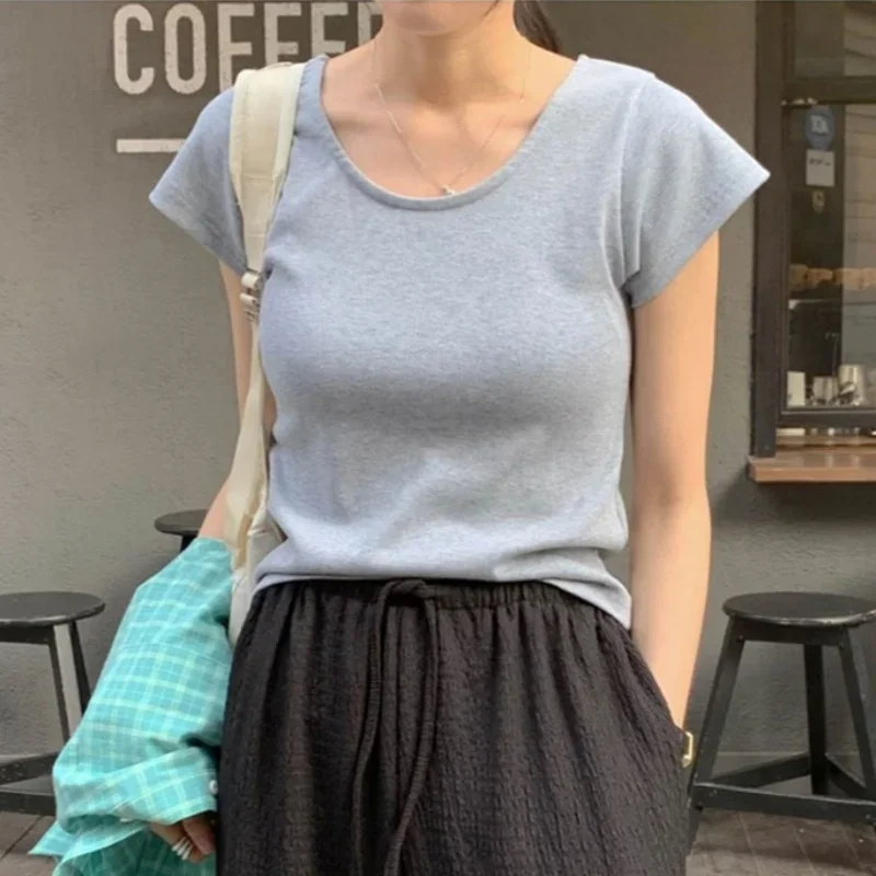 2026 여름 여성용 O넥 티셔츠 슬림 핏 반팔 티셔츠 여성용 편안한 부드러운 얇은 티셔츠 단색 심플 다용도 탑