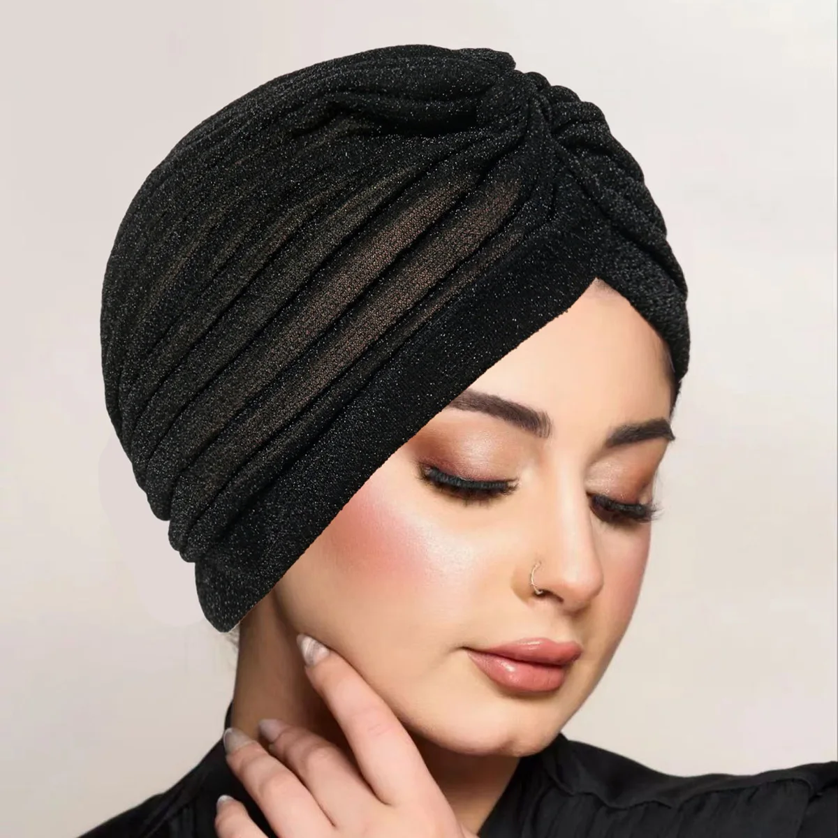 Silver Gold Headband Elegant Autumn Winter Headwear Muslim Indian Hat Skin-Friendly Shine Turban Cap For Bad Hair Day Loungewear