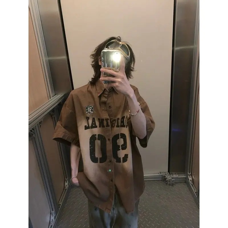 

American Retro Vintage Washing Denim Short-Sleeved Shirt Oversize Design Loose Casual Shirt Trendy