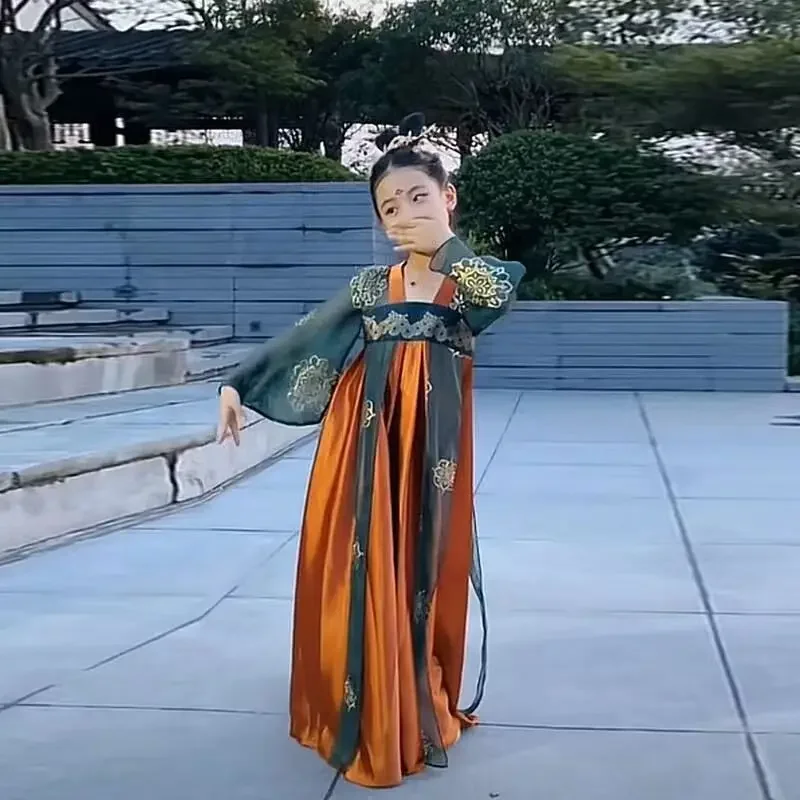 Chinese Traditional Hanfu Folk Dance Chidren Girls Classical Chinese Style Practice Dance Clothes Yangko Dance Wear for Stage