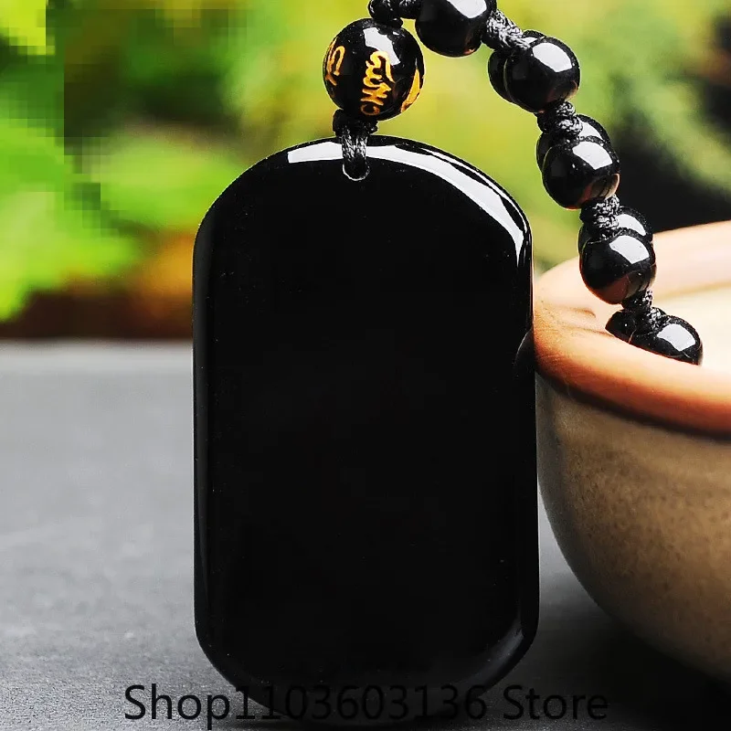 

Charming Natural Black Obsidian Carved Chinese Safety Buckle Smoothly Amulet Lucky Pendant + Beads Necklace Fashion Jewelry