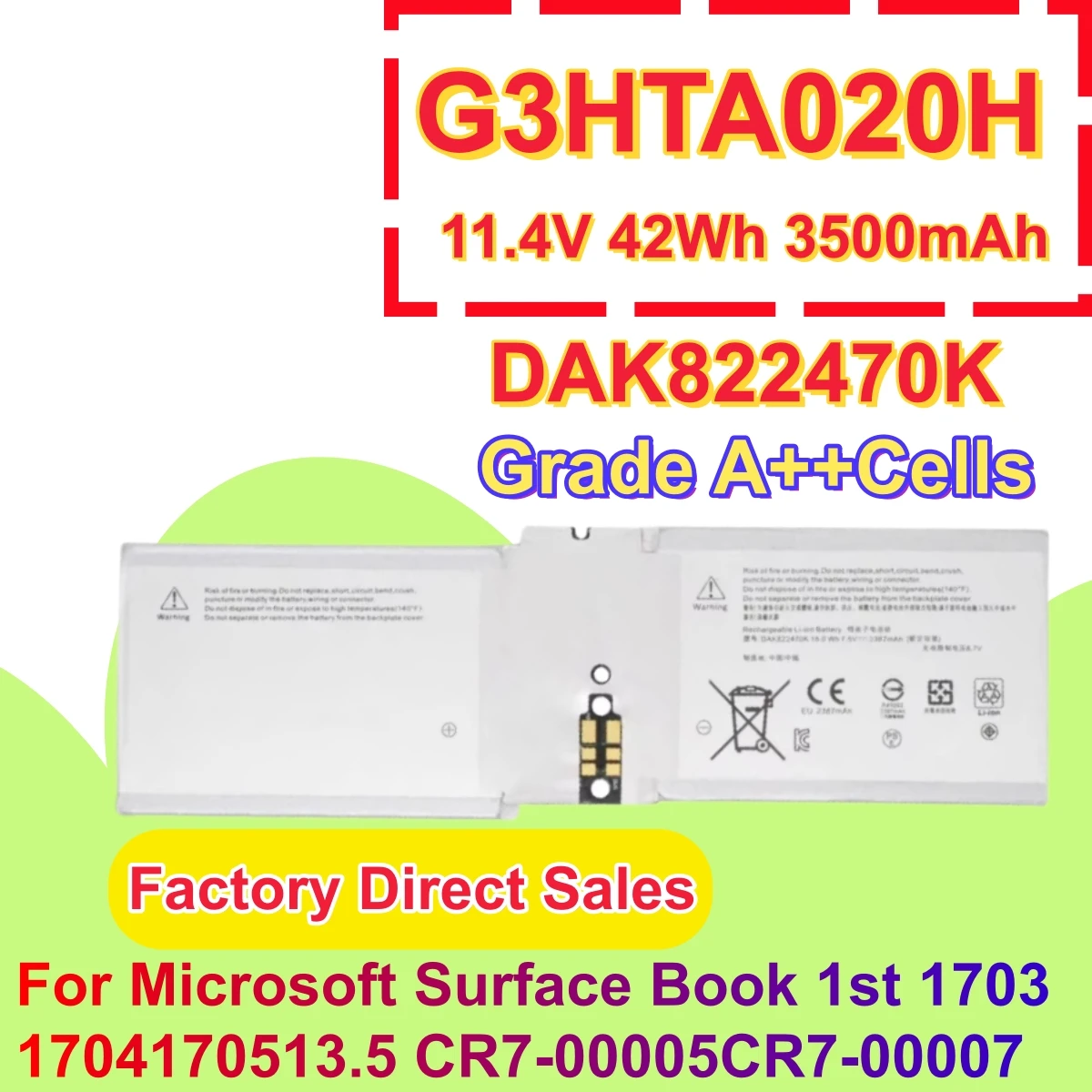 Grade A Cell DAK822470K Battery For Microsoft Surface Book 1 1703 1704 1705 Book 2 1832 Screen Tablet CR7 HTA044H G3HTA020H
