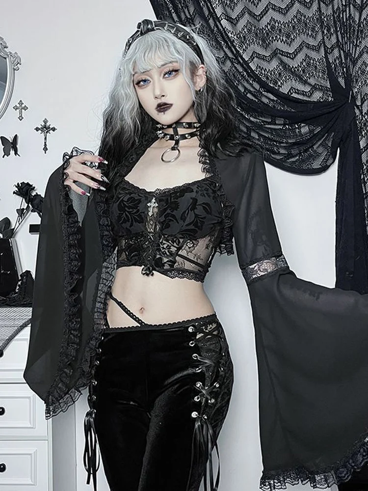 

2026 New Women Sexy Gothic Black Halter Sheer Mesh Bolero Shrug Lace Ruffle Bell Sleeve Cropped Top Halloween Party Clubwear