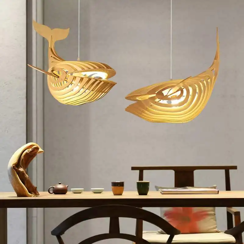 Fish wooden chandelier art creative personality modern minimalist Japanese restaurant whale lamp bedroom balcony lamp