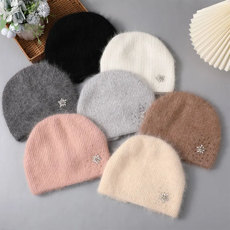 CNTANG Hat For Women Winter Warm Fashion With Diamond Flower Beanies Knitted Angora Long Rabbit Fur Hats Double Layer Ladies Cap