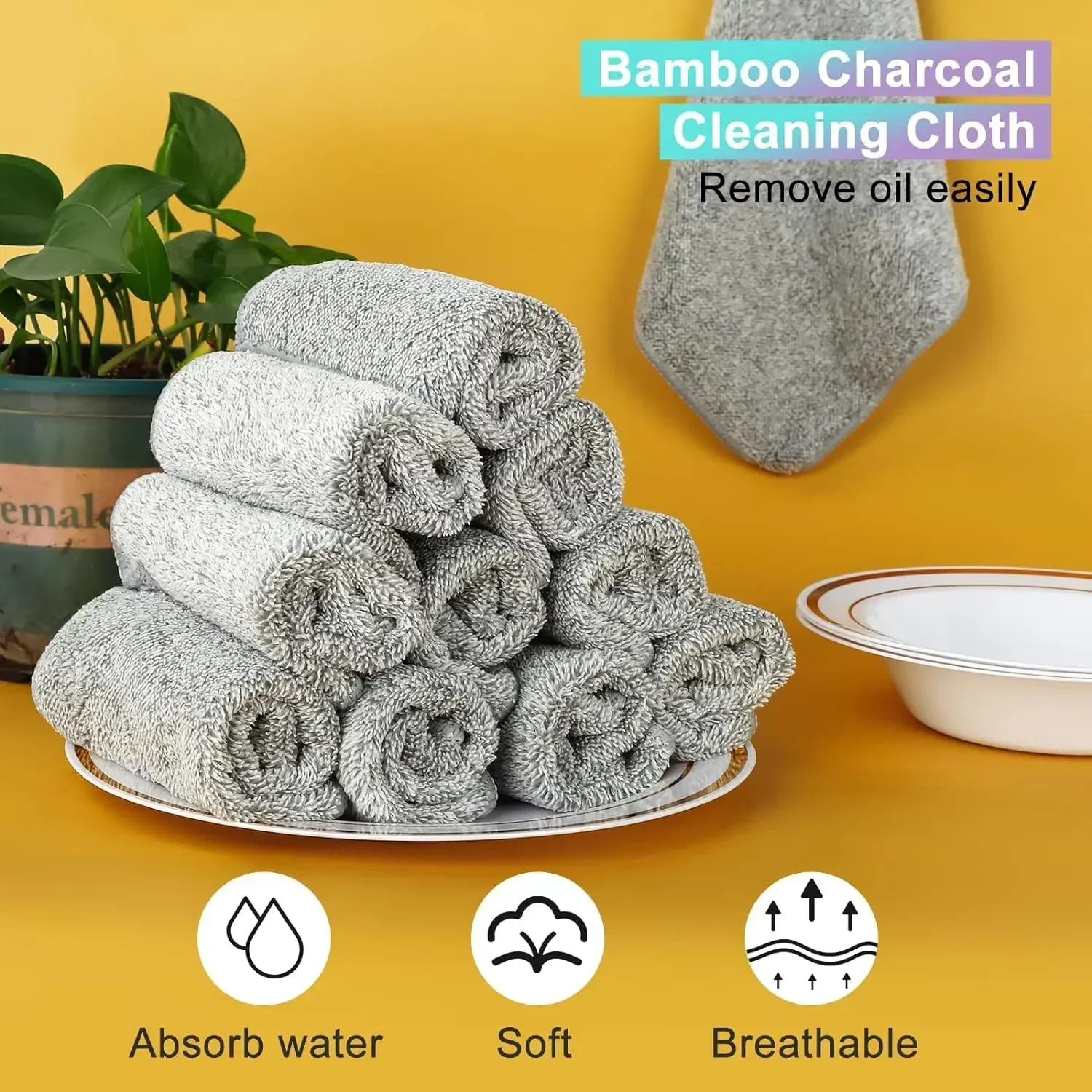 200PCS Bamboo Charcoal Dish Towel Fine Fiber Dish Towel Kitchen Rag Thickened Absorbent Cleaning Hand Wipes Towel 20*20cm