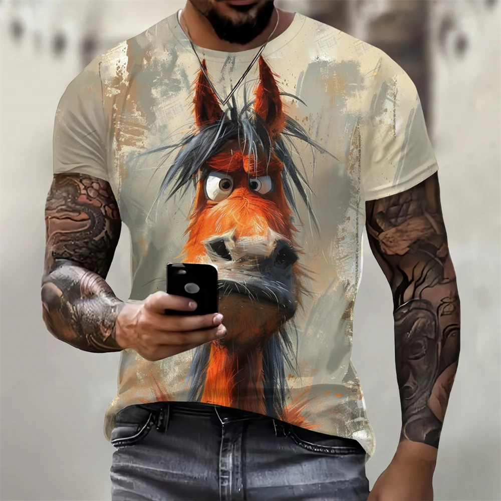 

horse Pattern retro casual street style men's 3D printed T-shirt sports outdoor T-shirt short sleeved round neck shirt clots top