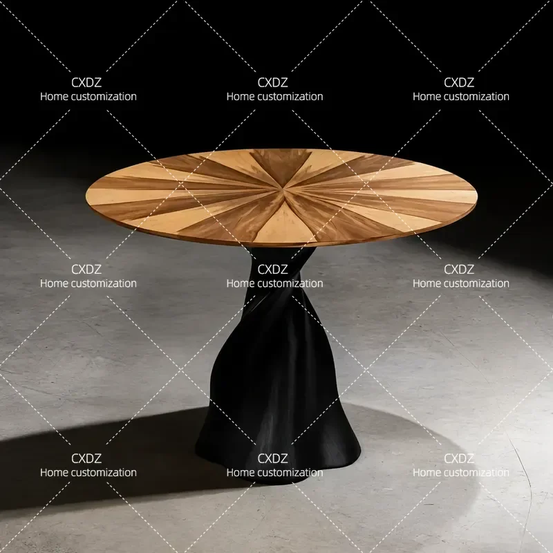 Medieval Ash Wood Solid Round Dining Table with Sunflower Decoration Simple Household Furniture