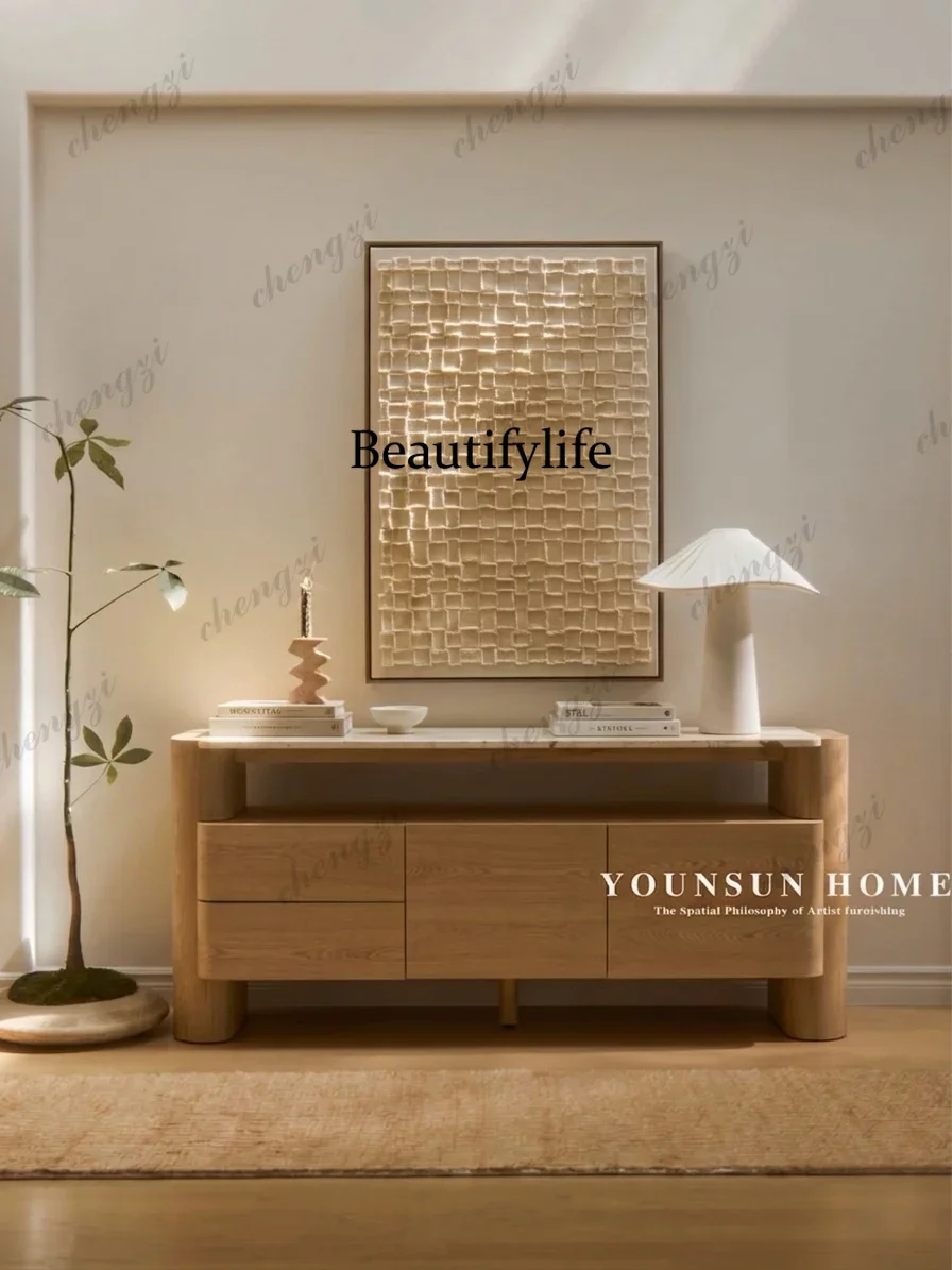 a55 Medieval solid wood dining side cabinet, living room locker, log color, wall storage cabinet
