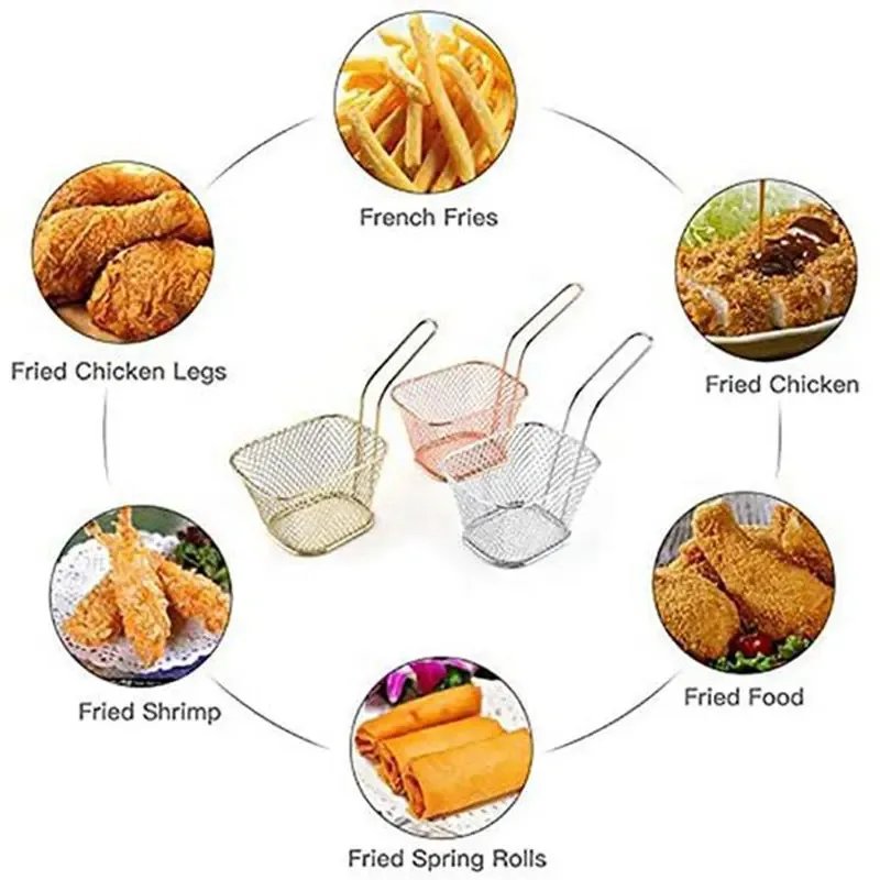 Square Fry Basket Metal French Fries Chips Holder with Handle Desk Food Presentation Mesh Basket Kitchen Food Network Filter