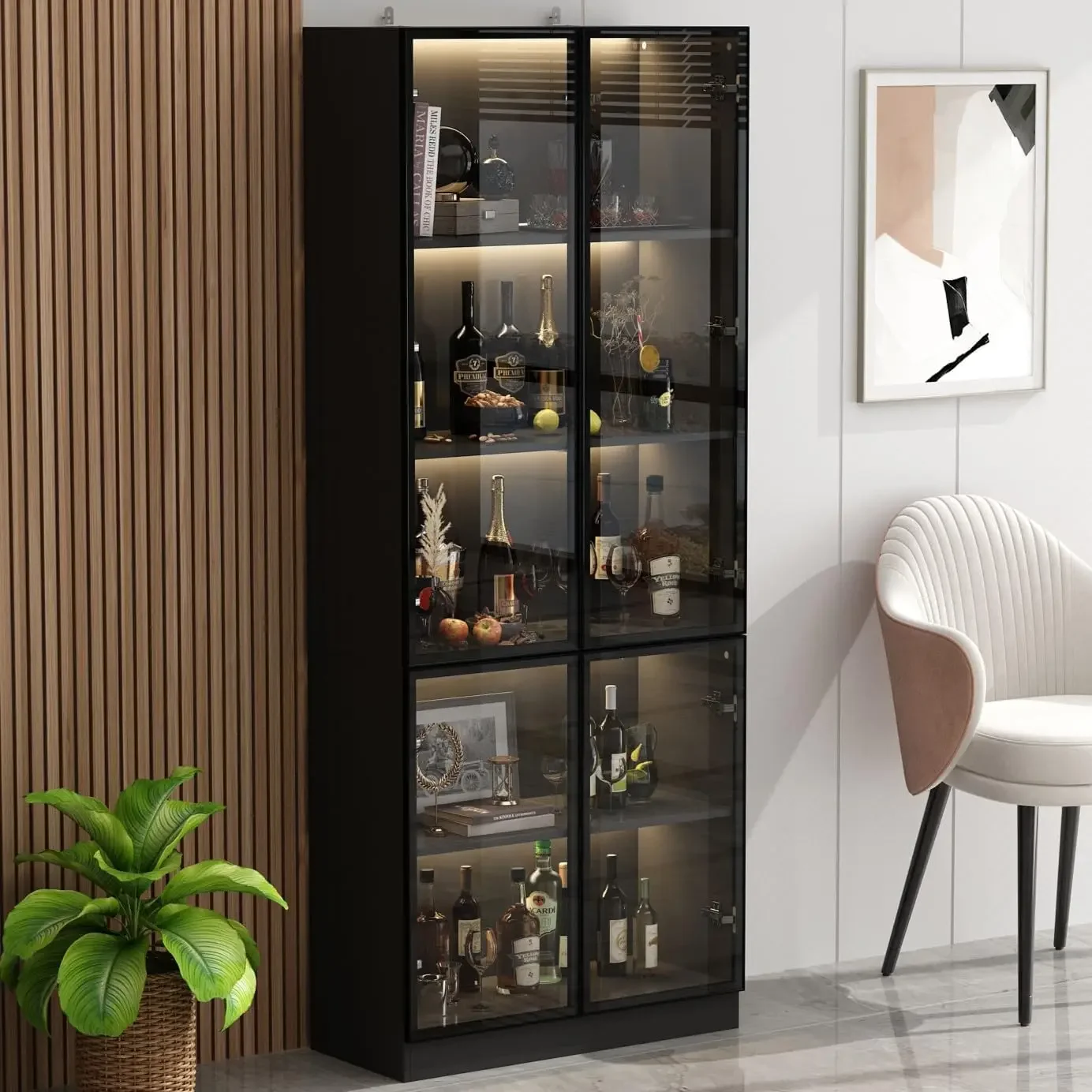 Glass Door Cabinet with Lights and 5 Storage Shelves, Tall Modern Display Storage Organizer with 2 Doors