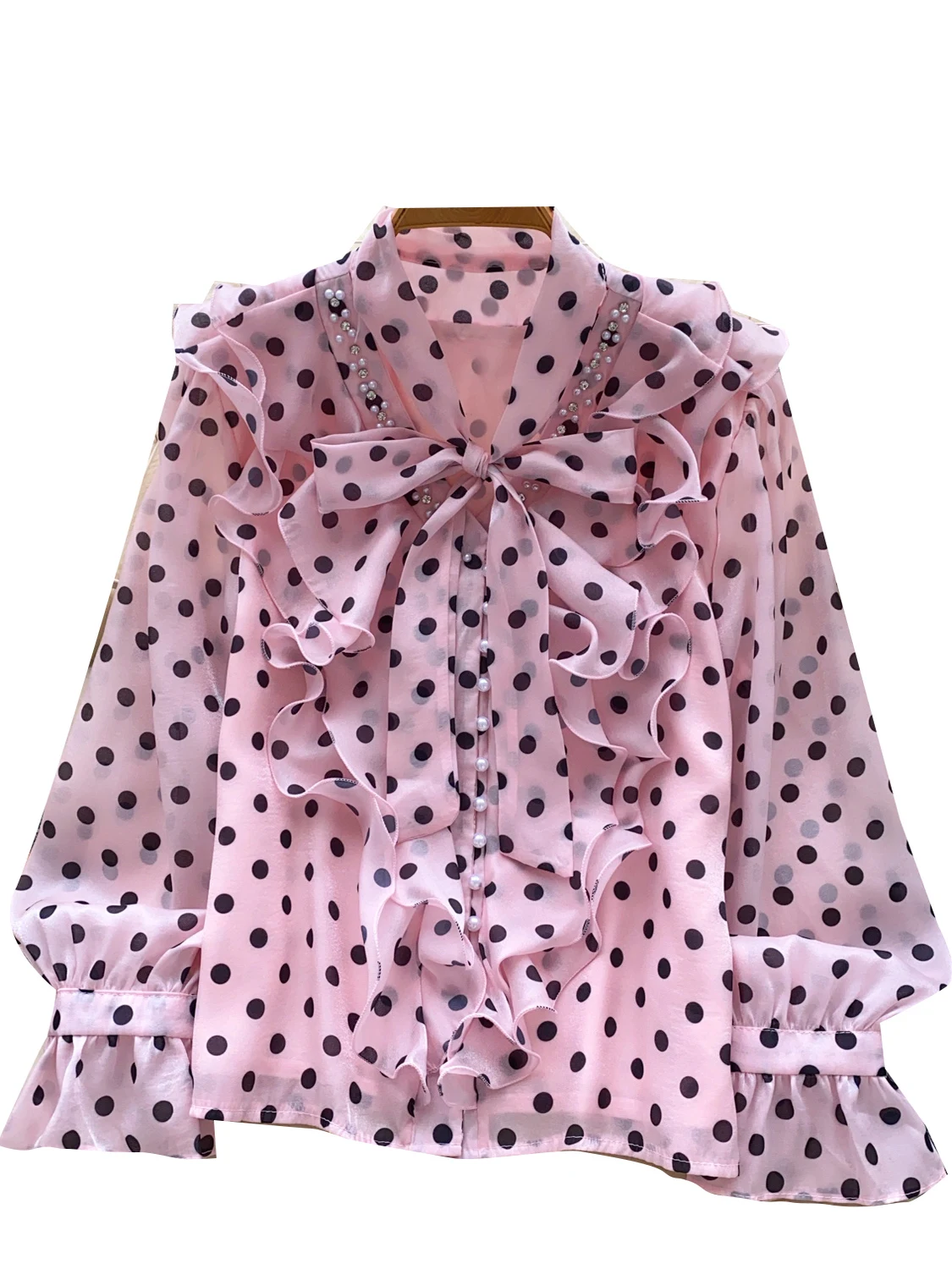 ريترو كورت Sle الثقيلة Embellied عقدة التعادل طويلة Sve البولكا نقطة بلوزة من الشيفون الكورية فضفاضة تناسب الصيف Faion