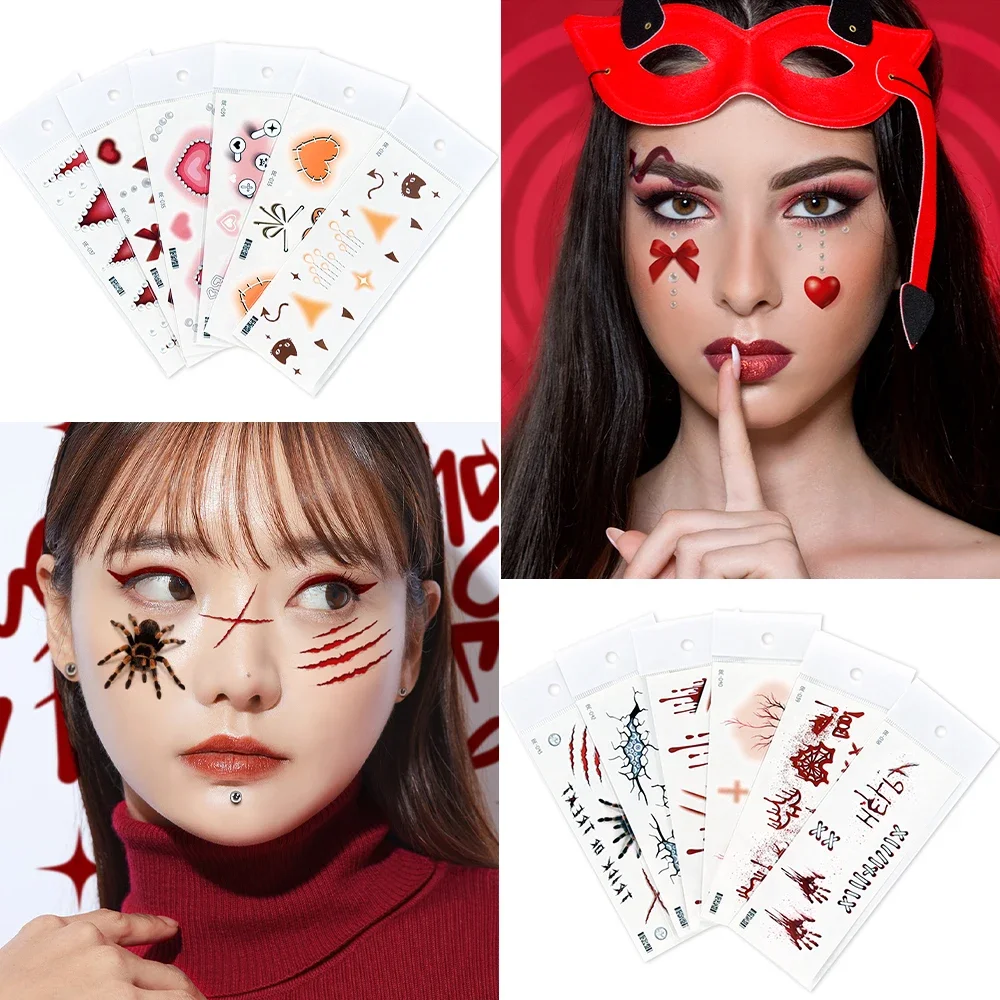 Halloween tato sementara tahan air stiker seksi berdarah Makeup Zombie bekas luka tato palsu dekorasi luka darah horor stiker