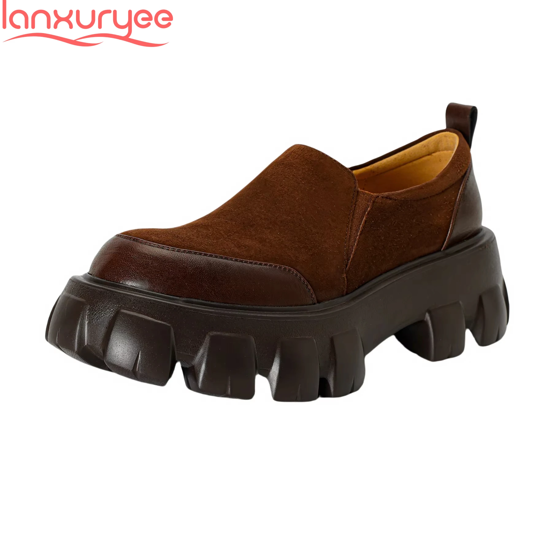 

Lanxuryee 5.5cm Sheep Suede Retro High Heels Spring Casual Shoes Luxury Student Party Loafers Office Lady Platform Women Pumps