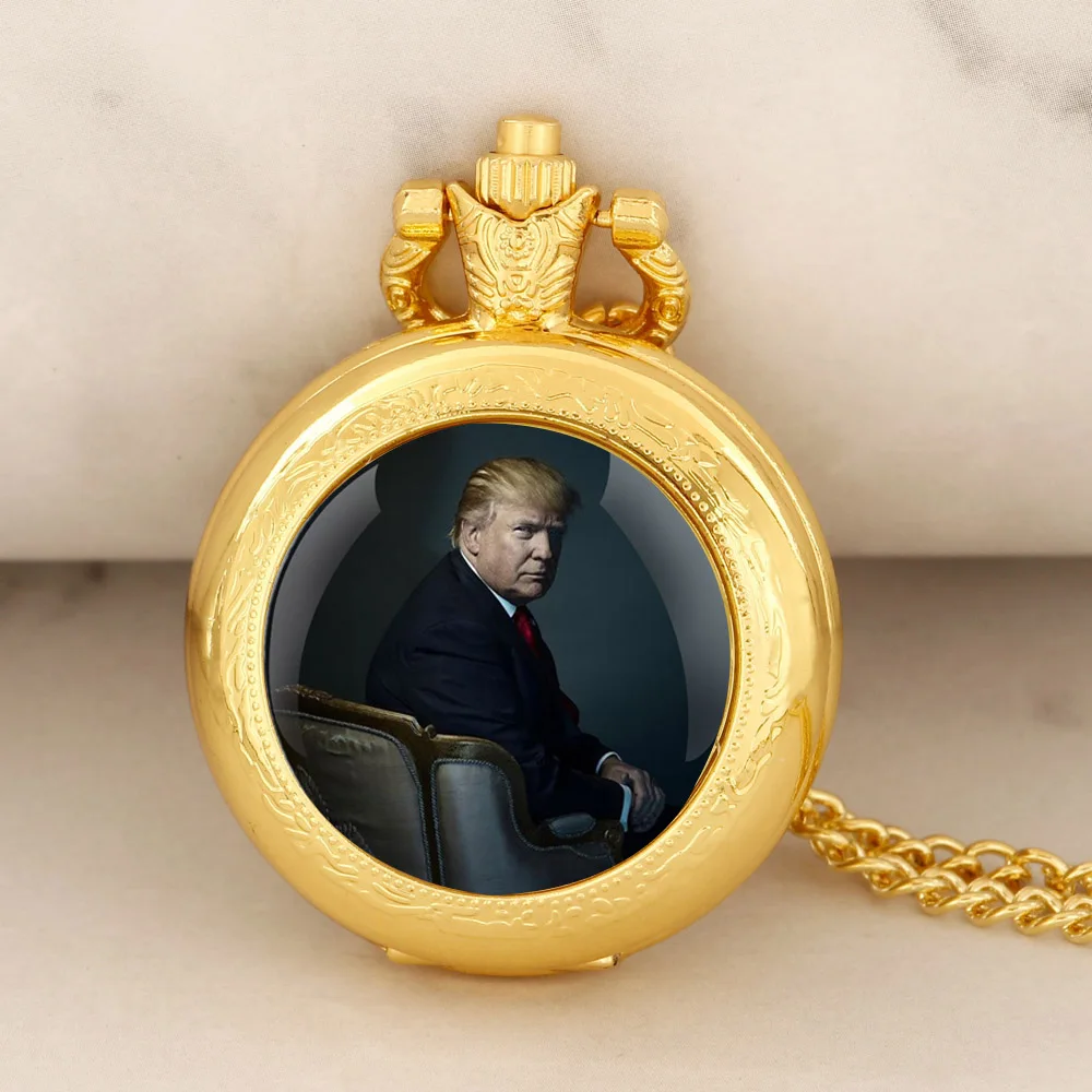 Trump Design Glass Dome Gold Quartz Pocket Watch Women Men Necklace Unique Pendant Clock Watch Jewelry Gift Accessories