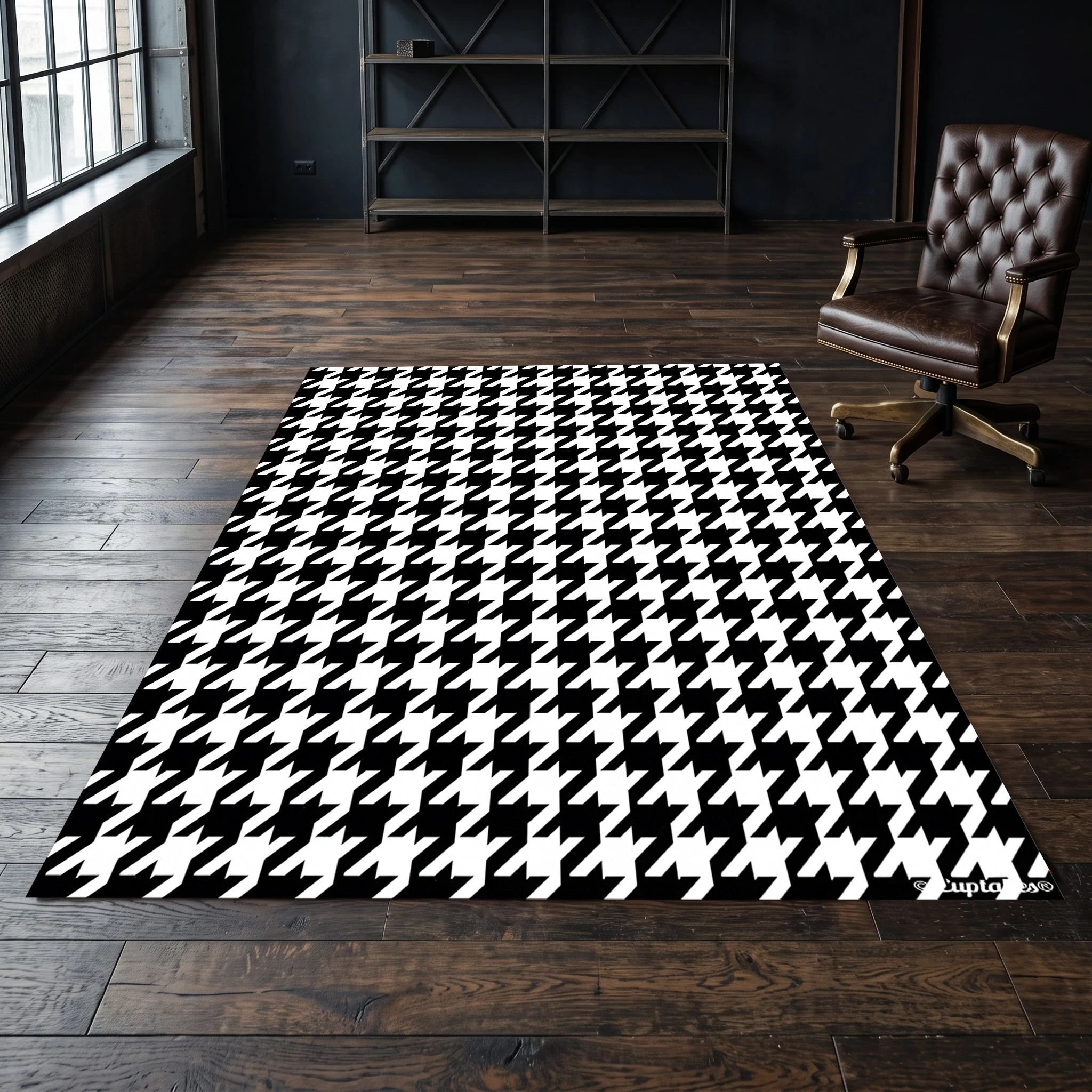 2D Carpet with Black and White Houndstooth Pattern in Classic Retro Style for Living Room and Bedroom