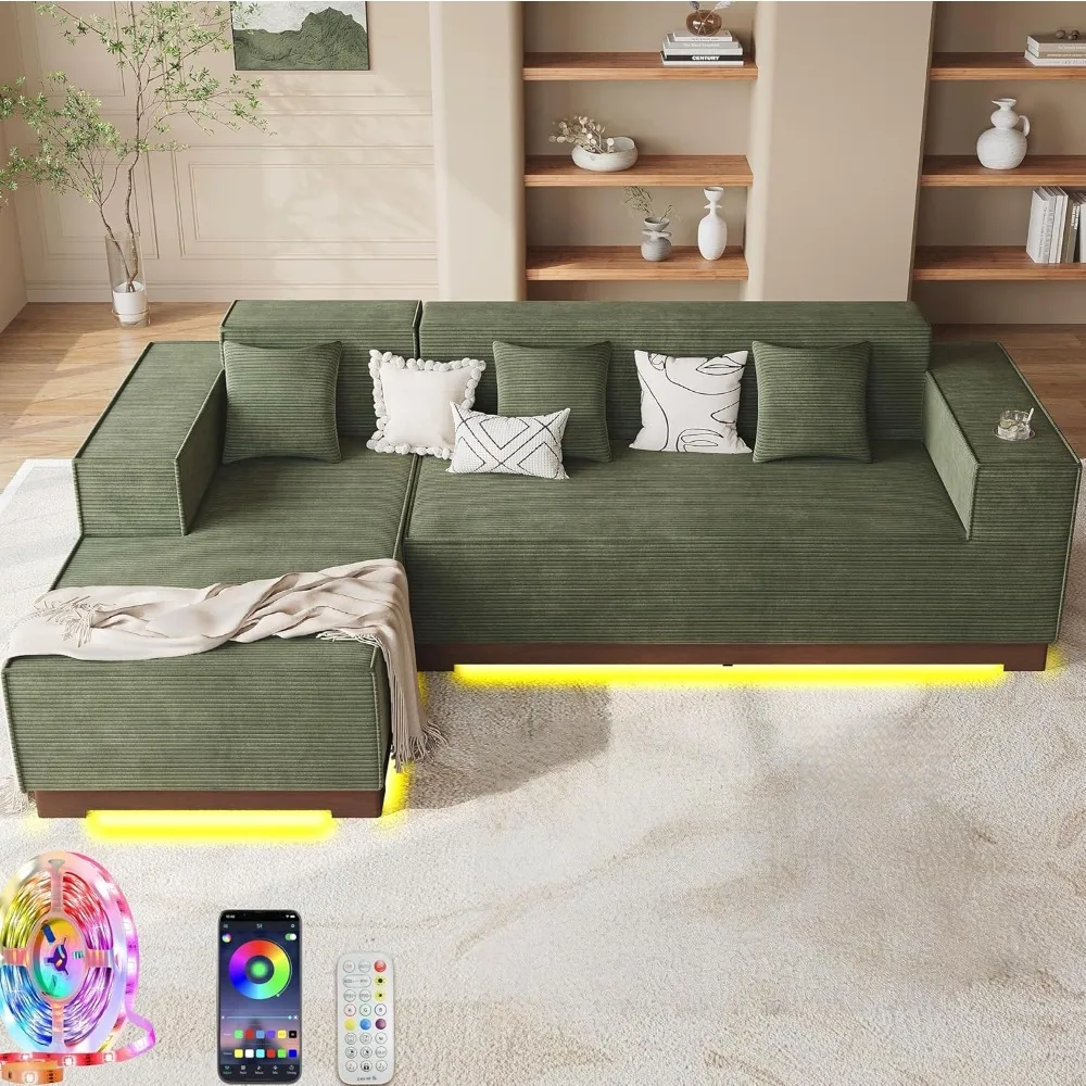 LED Işıklı 110” L Şeklinde Kanepe, Büyük Boy Şezlonglu Bulut Şeklinde Kemiksiz Kanepe, Derin Oturma Alanı, Dahili Tutucu ve Depolama Alanı