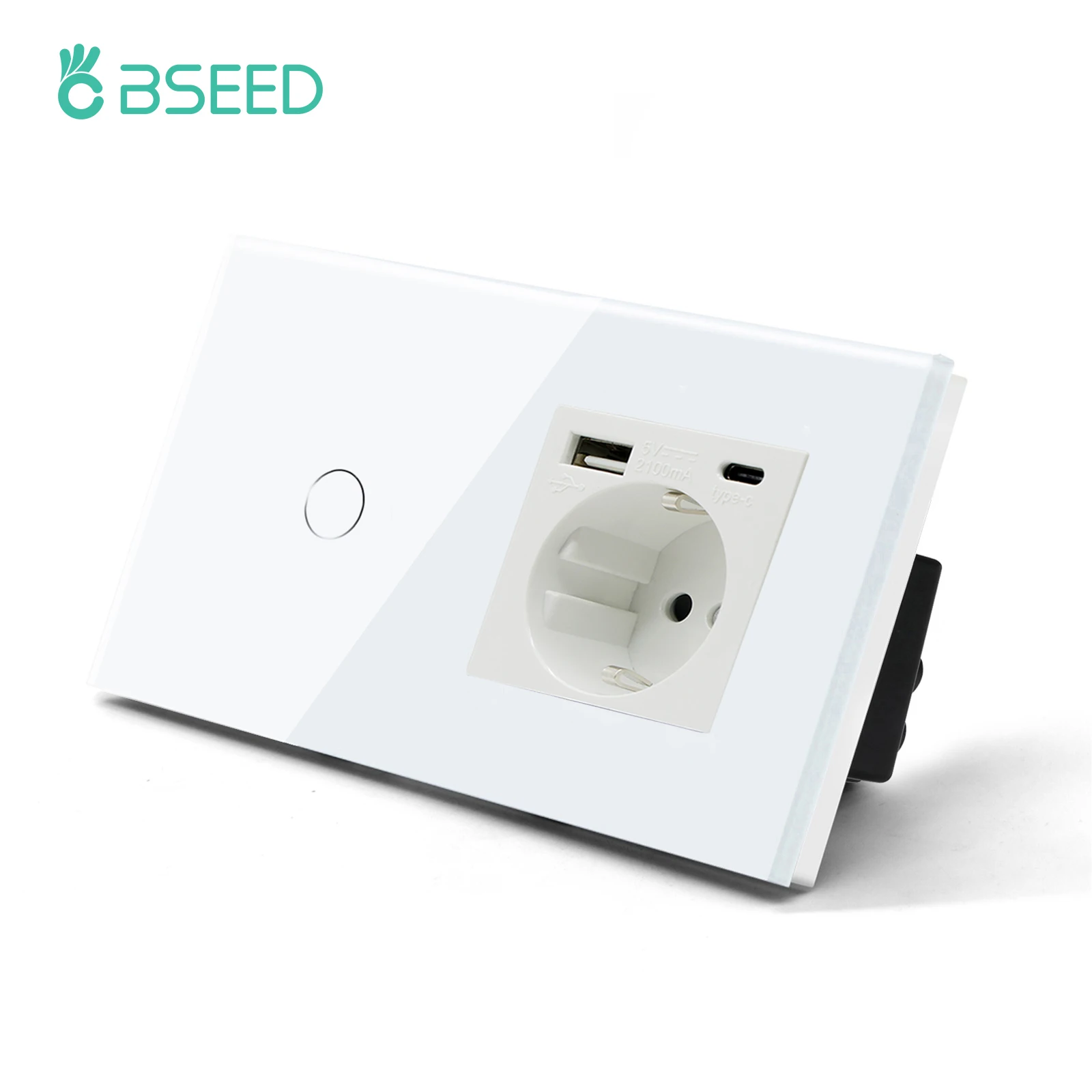 BSEED Einzelsteckdose EU-Wandsteckdosen Doppelsteckdosen USB Typ-C Telefonladegerät Glaspanel 1-Wege-Wandtastschalter Kinderschutz