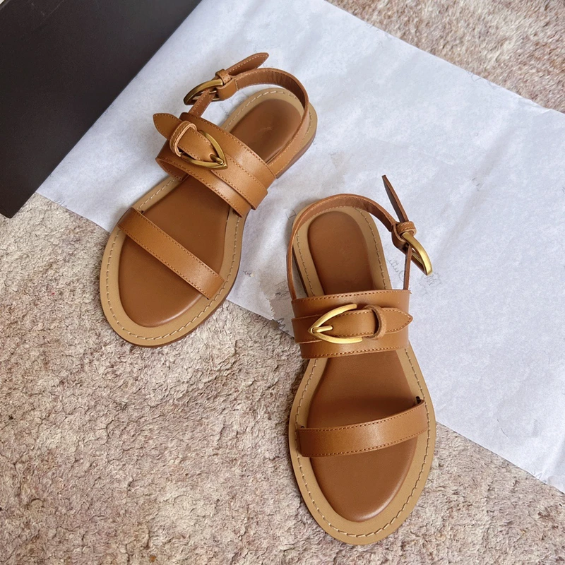 2024 Summer Sandals Women Shoes New Fashion Ladies Cowhide Sandal Retro Handmade Genuine Leather Flats Sandalias Femininas