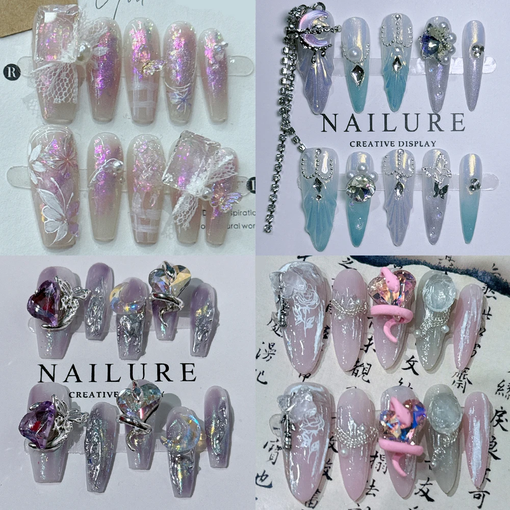 Diy 10Pcs Sweet Girl Long Coffin Pure Handmade Fake Nails Stickers Rhinestone Hand Painted Butterfly Reusable Full Cover Nails