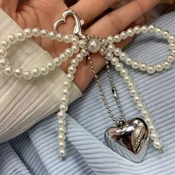 White Bowknot Heart Keychain Women Sweet Charm Pearl Bow Backpack Key Ring Handmade Jewelry Ornament Bags Pendants Gif