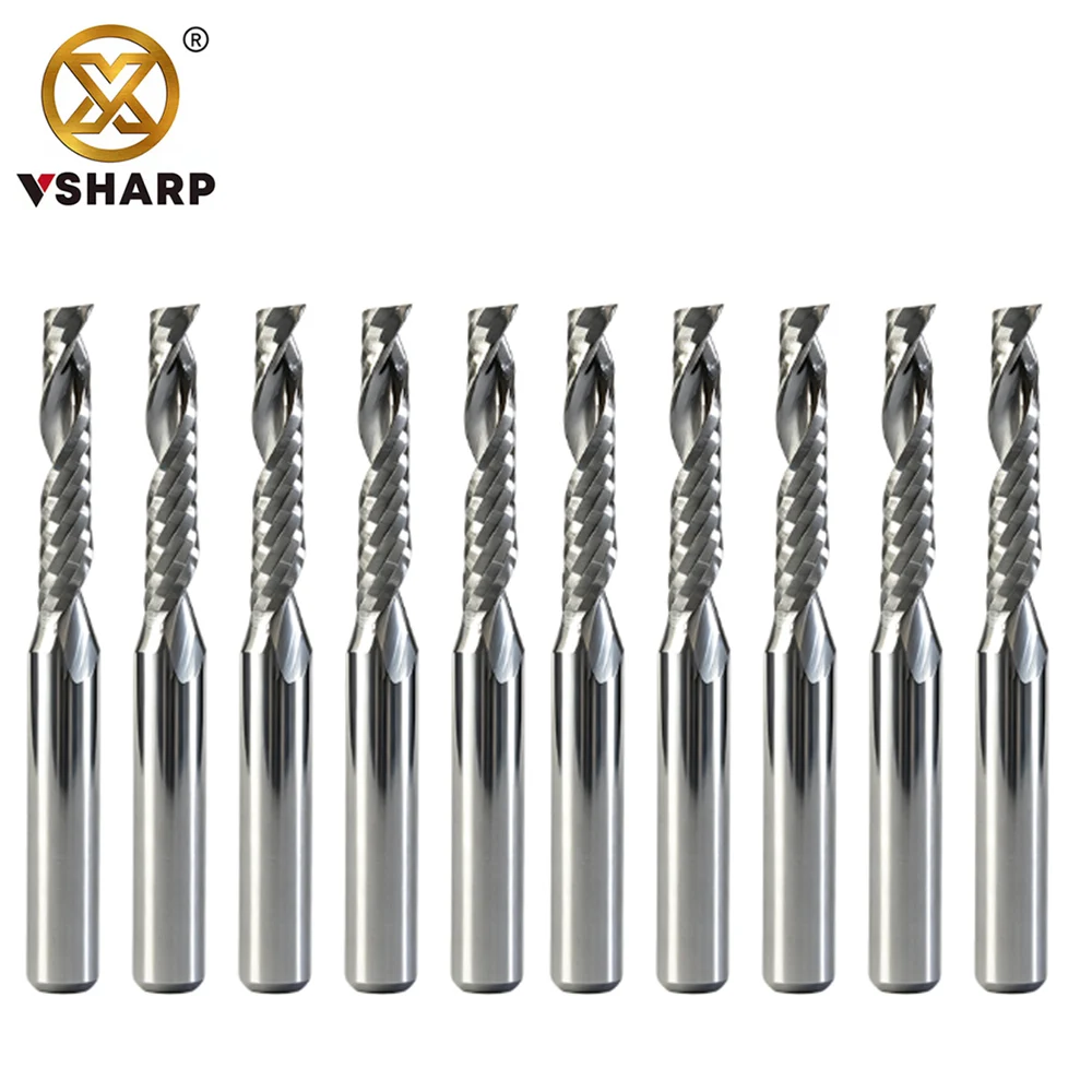 10pcs Single Flute Spiral End Mill 3.175mm Shank Tungsten Carbide CNC Engraving Cutter Woodworking Tools for Wood MDF Acrylic