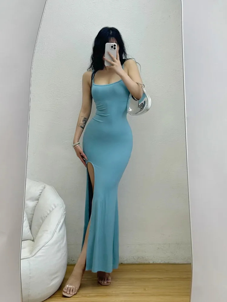 2024 Summer Spicy Girl Pure Desire Sexy Sling Fishtail Dress Women High Waisted Slim High Split Fork Solid Long Dress 0FXM