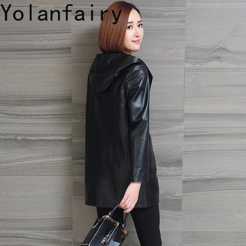 YOLANFAIRY Real Sheepskin Leather Trench Coats Woman Autumn Winter Mid-length Genuine Leather Jacket Women Hooded Windbreaker