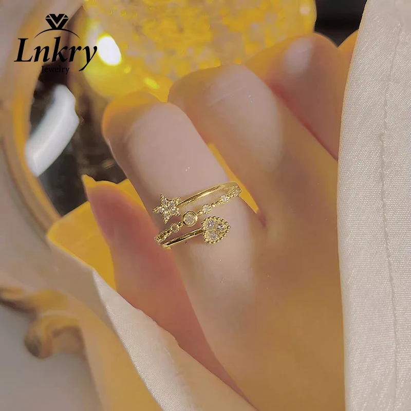 

Кольцо Lnkry из 14-каратного золота с сертифицированным муассанитом круглой/сердцевидной огранки, регулируемое, в корейском стиле INS, в форме звезды и сердца, для женщин, ювелирное изделие