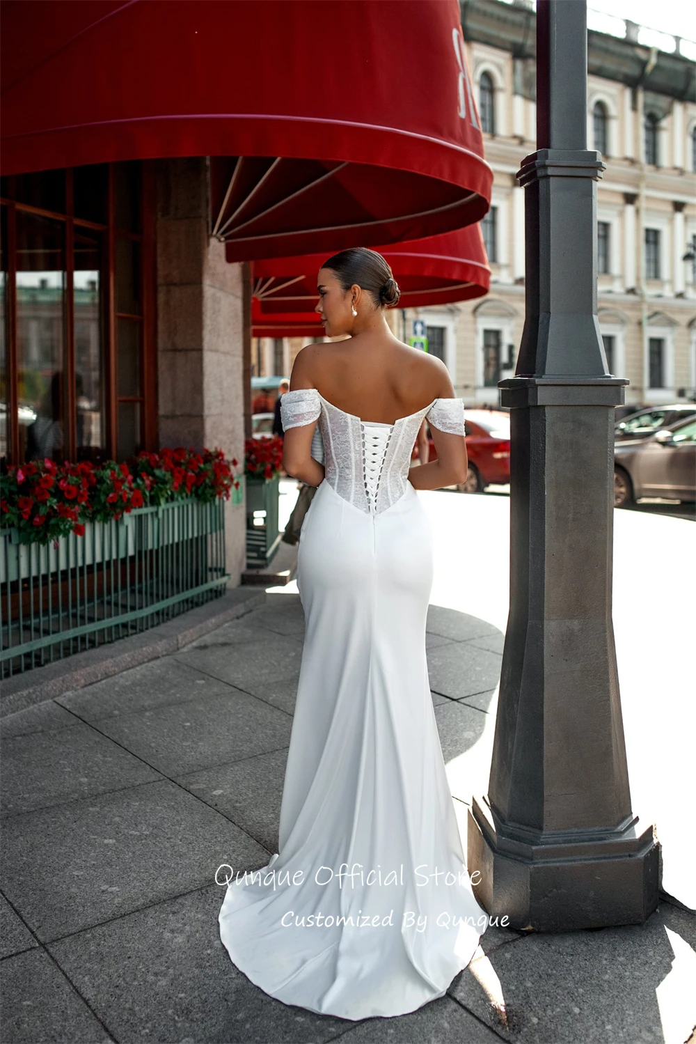 Qunque Shiny Sequined Satin Off Shoulder Wedding Dress Lace Bodice Pleated Bridal Gown Mermaid Vestido De Novia Boda Customized