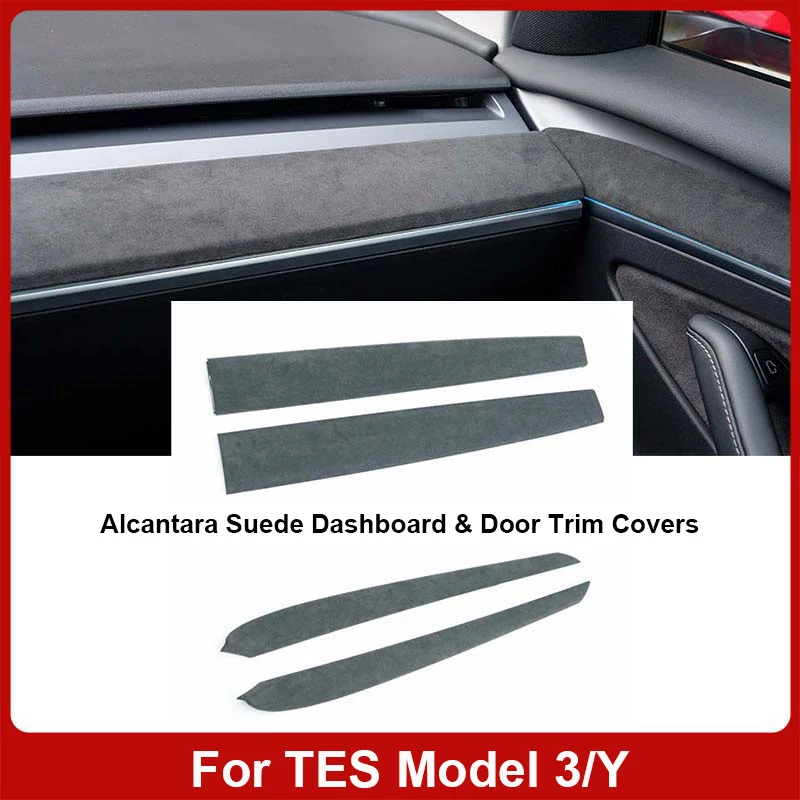 For Tesla Model 3 Model Y 2020-2024 Alcantara Material Suede Made Dashboard Cover Door Trim Car Interior Decoration Accessor