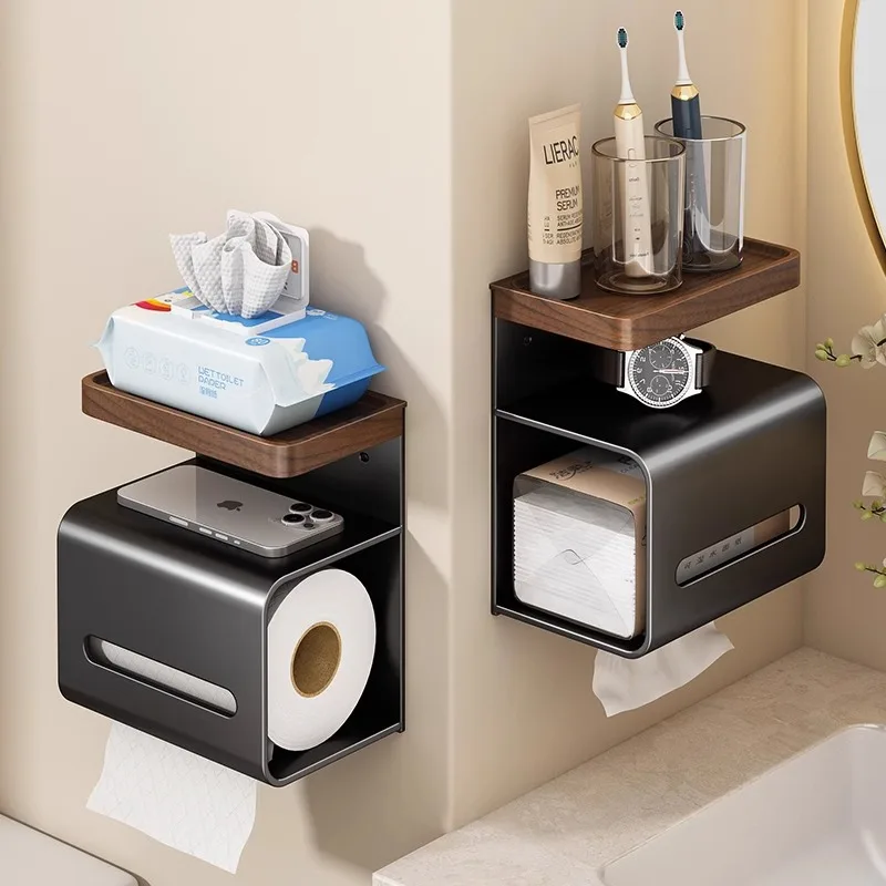 Luxury Walnut Bathroom Three-Tier Tissue Holder Antique-Style Wall-Mounted Toilet Paper Dispenser Restroom Roll Holder