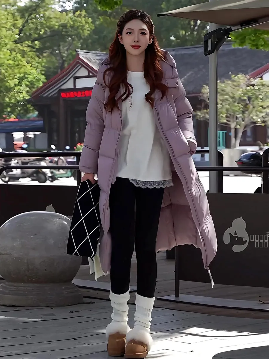 

Long Thiened White Du down Puffer Coat Women's Winter Korean Sle Purple Hooded Knee-Length Faux Fur Collar Jaet