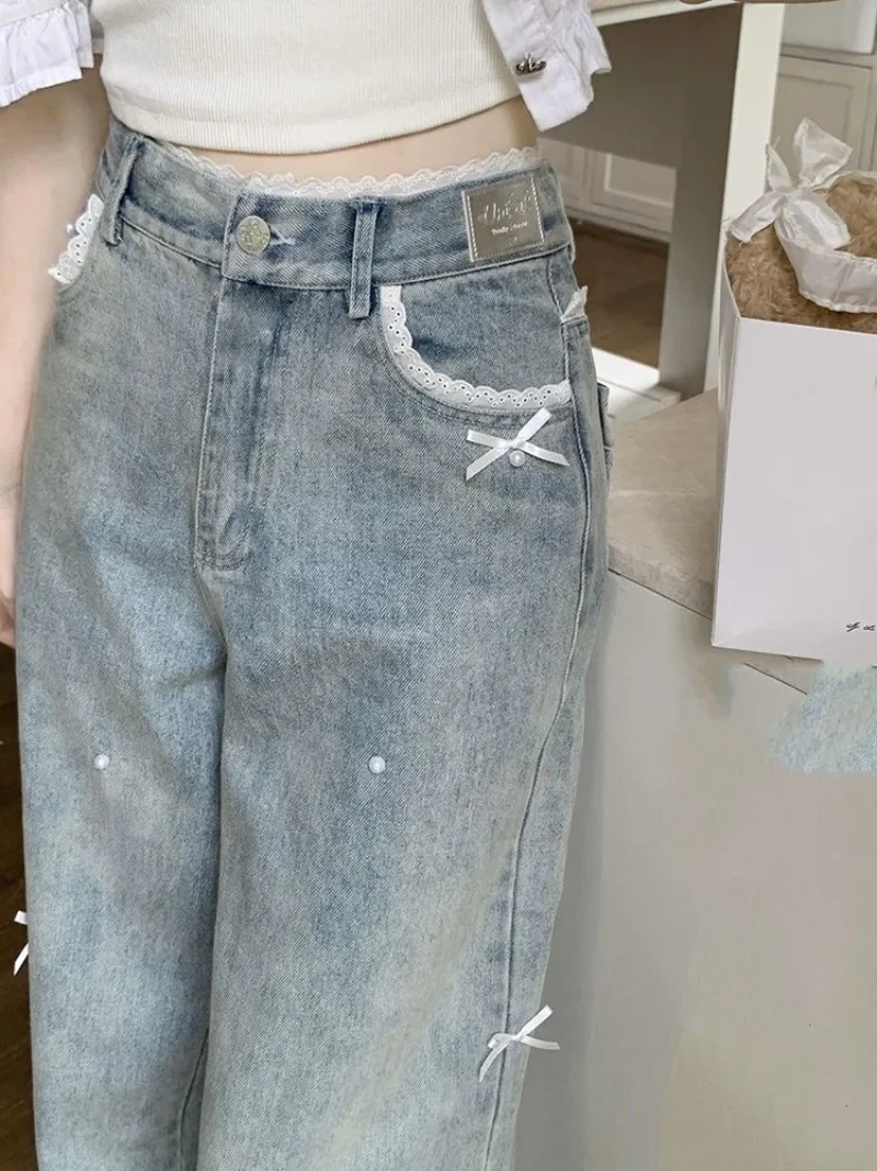 

Японские прямые джинсы в стиле преппи Sweet Bow Y2k, женские джинсовые брюки с высокой талией, широкие шикарные кружевные лоскутные винтажные брюки