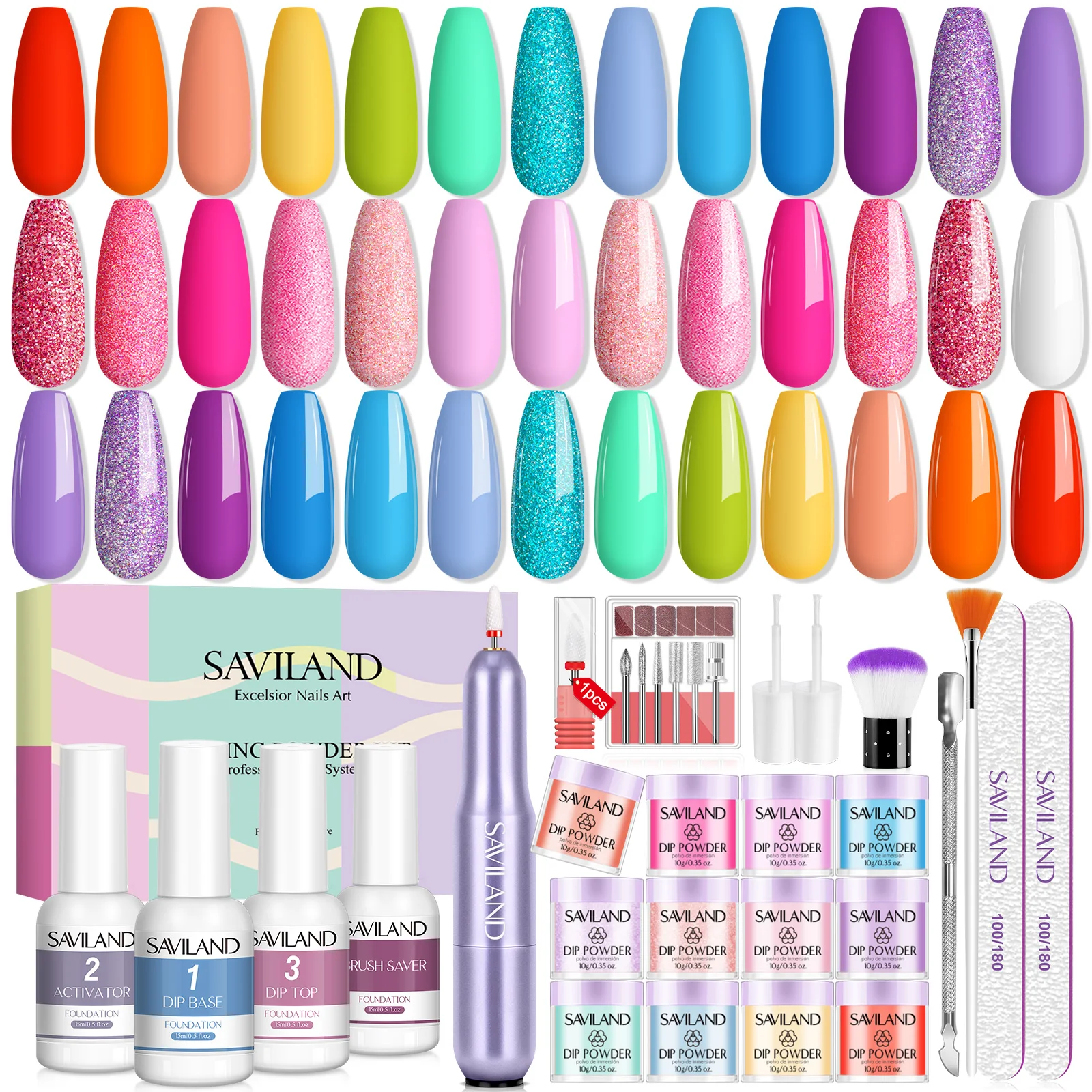 SAVILAND 20 Colors Dipping Nail Powder Kit Summer Dip Nails Powder with Dip Powder Liquid Set Base Top Coat Activator