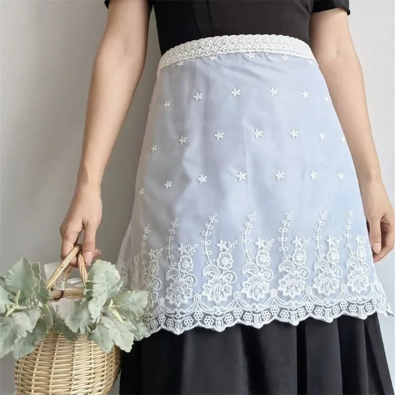 

Pastoral Ins Style Half Apron Embroidered Waterproof Korean White Lace Waist Apron